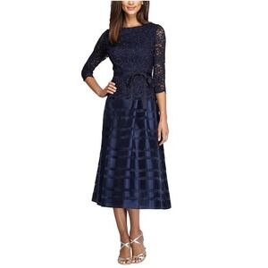 Alex Evenings Size 8P Navy‎ Tea-Length Soutache Sequined Dress Tie Belt NEW